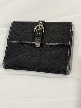 Coach Black Signature Canvas Bifold Wallet with Buckle Accent